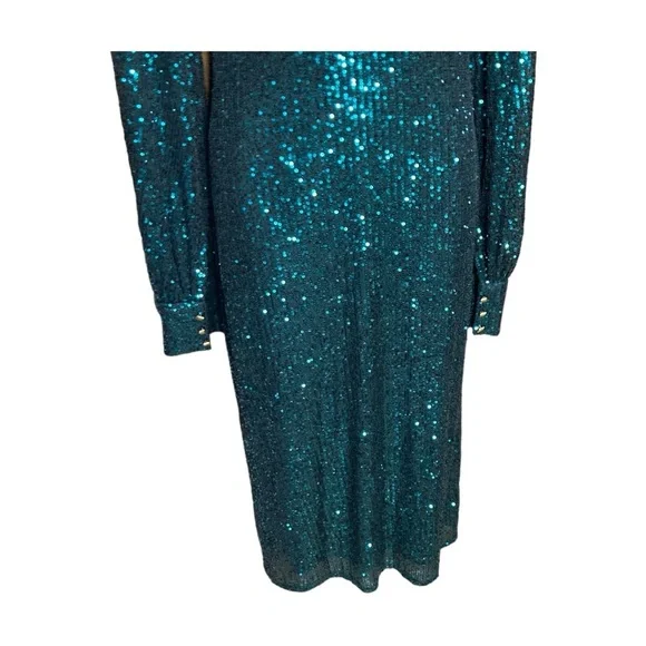 Mac Duggal 26866 Sequined Structured Bishop Sleeve Midi DressTeal Size 4 NWT - Picture 5 of 14
